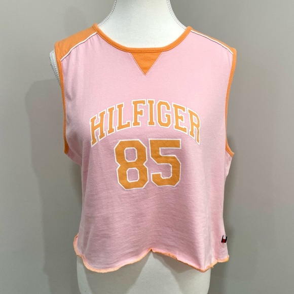 Vintage Y2K Tommy Hilfiger Varsity Preppy pink and Orange Cropped Top Size Large - Picture 1 of 8